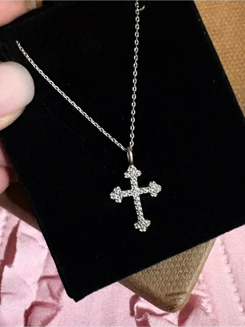 Dainty Sterling Silver Crystal Cross Pendant Necklace - Silver